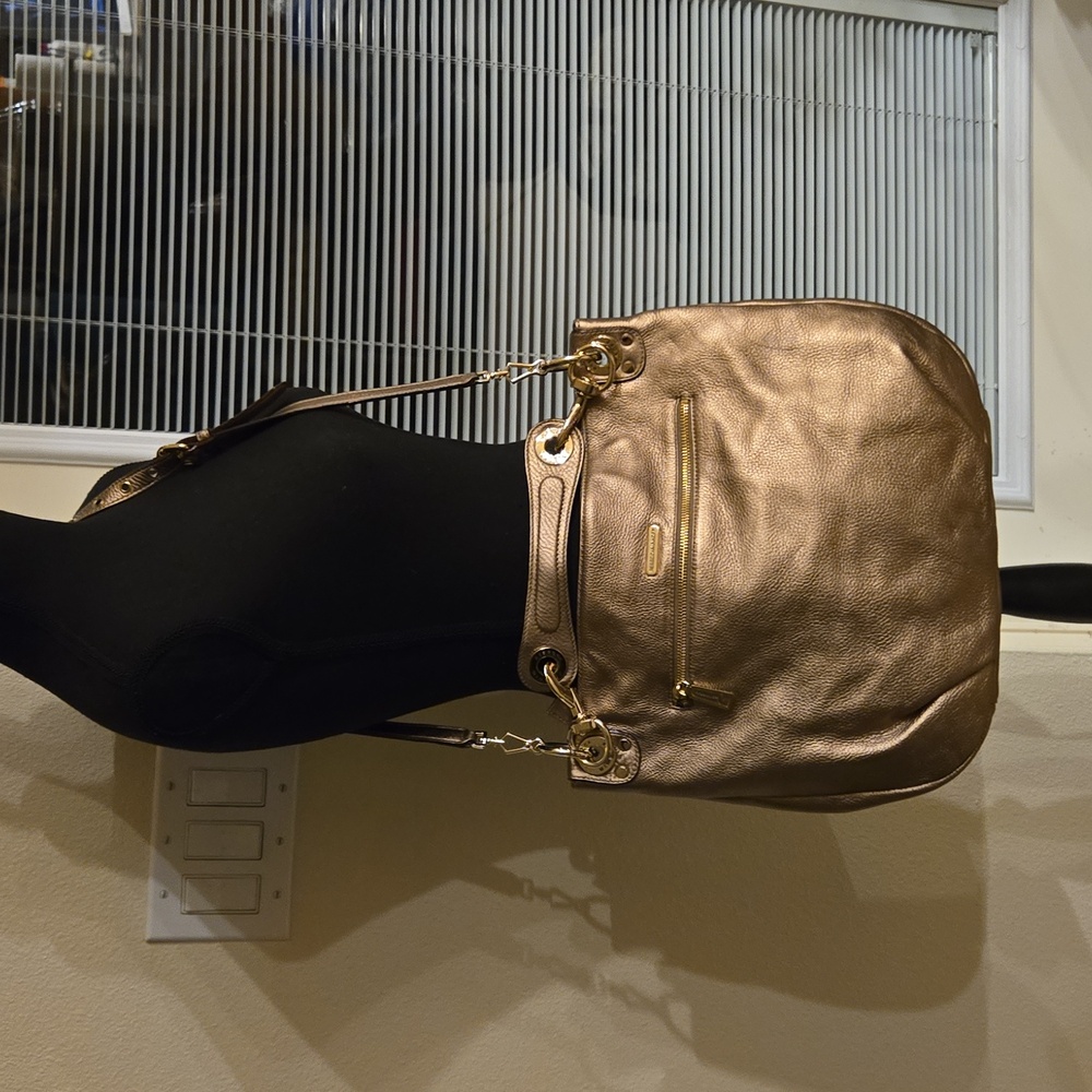 REBECCA MINKOFF Bronze Leather Studded Hobo Handbag Shoulderbag Detachabl Straps - Picture 3 of 16